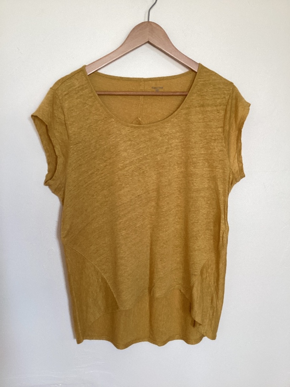 Garnet Hill Women L organic linen cap sleeve golden mustard yellow hi low tee